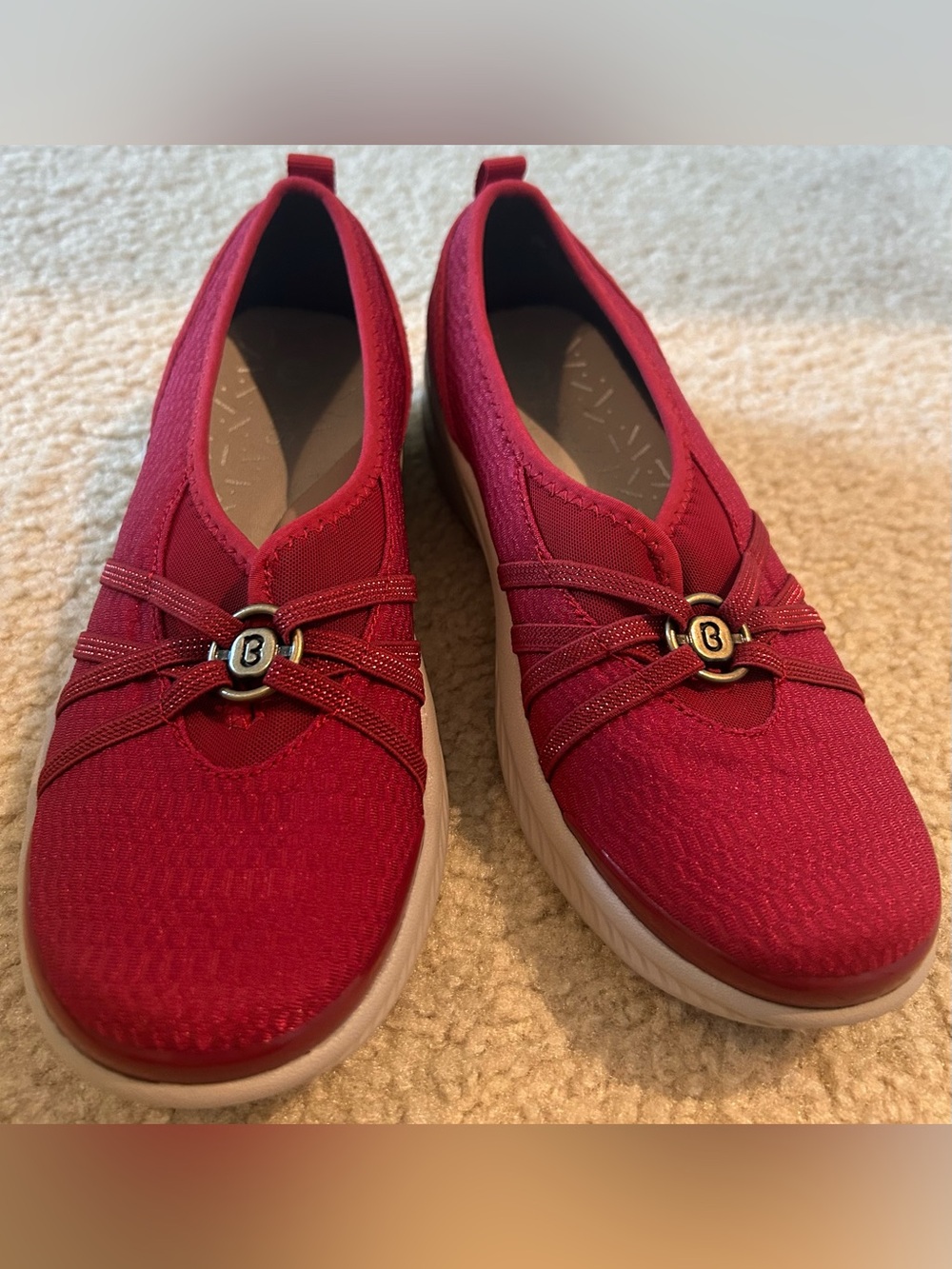 Bzees Women's Niche Slip-On Sneakers in Merlot Red with Gold Logo Accent 8.5